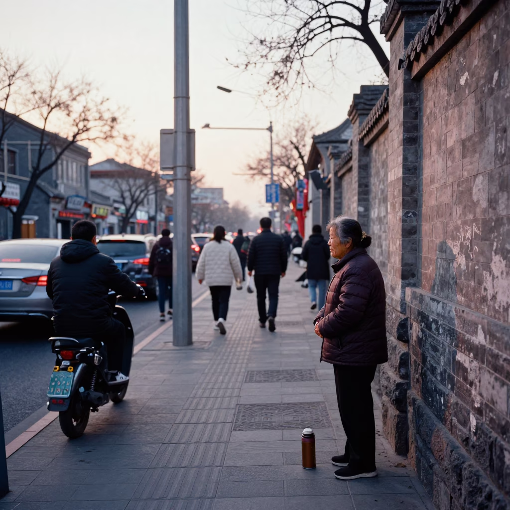 Busy Beijing Street Corner Morning Commute with Vintage Thermos and Traditional Architecture in in Beijing, China