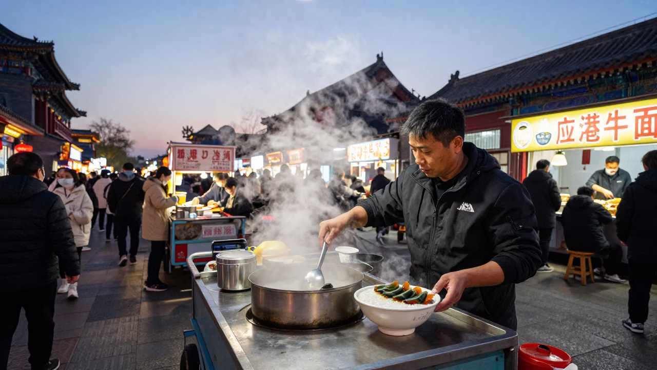 Busy Beijing Street Food Stall at Dusk with Century Egg Congee and City Lights in in Beijing, China