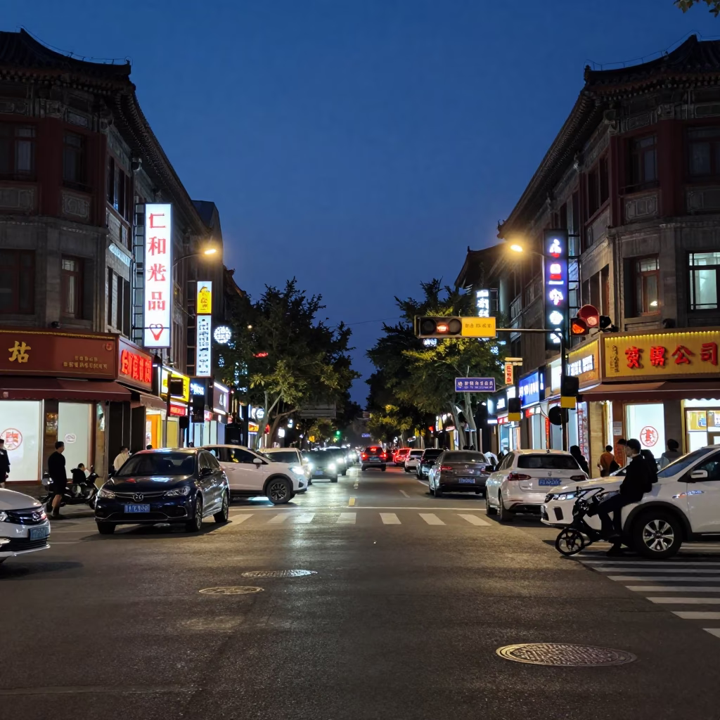 Busy Beijing Street Intersection at Predawn Darkness with Neon Signs and Scooters in in Beijing, China