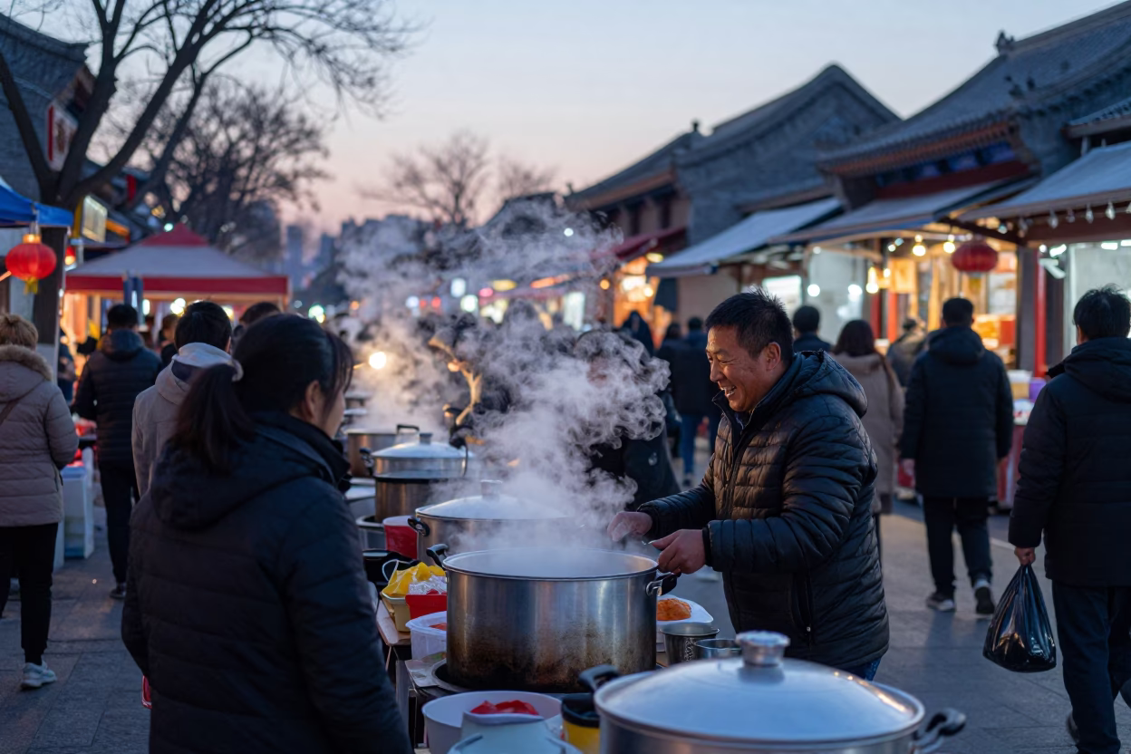 Busy Beijing street market at nautical dawn with vendors and daily life in in Beijing, China