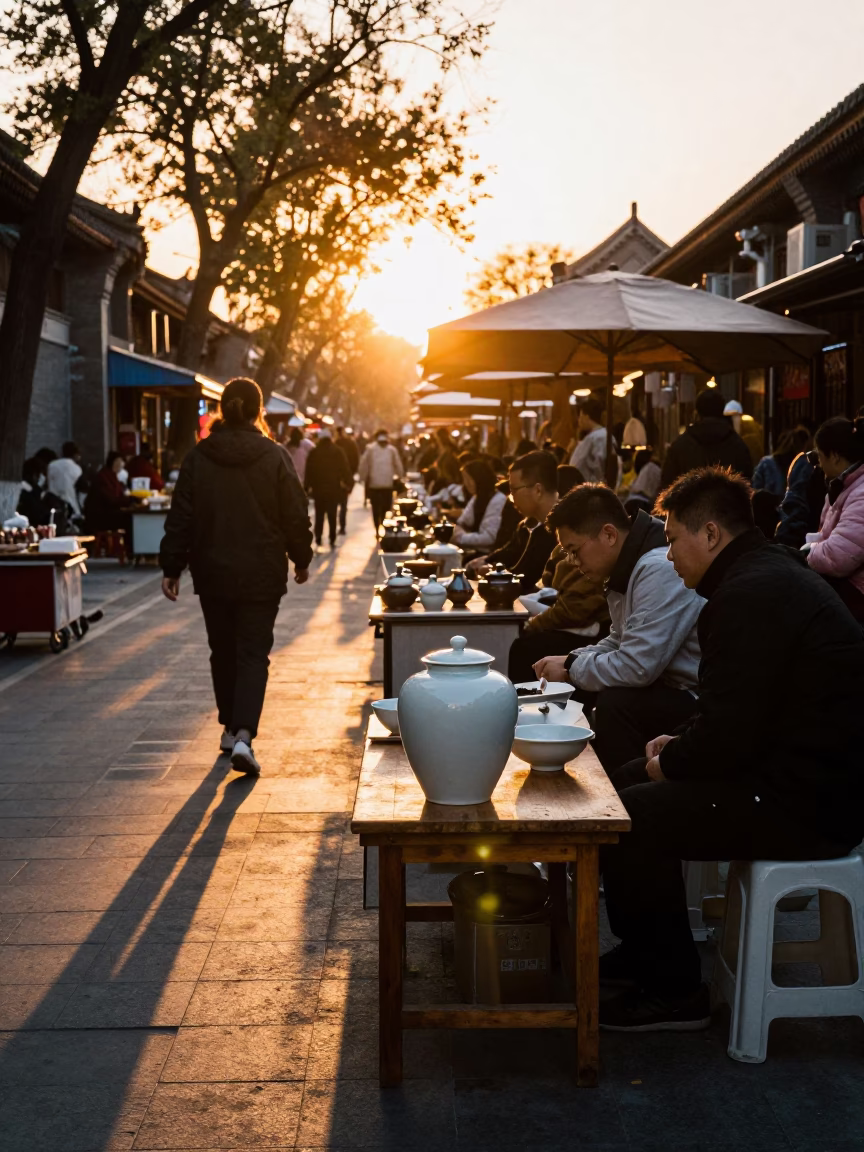 Busy Beijing Street Market at Sunset with Porcelain Jar and Bowl on Wooden Workbench in in Beijing, China