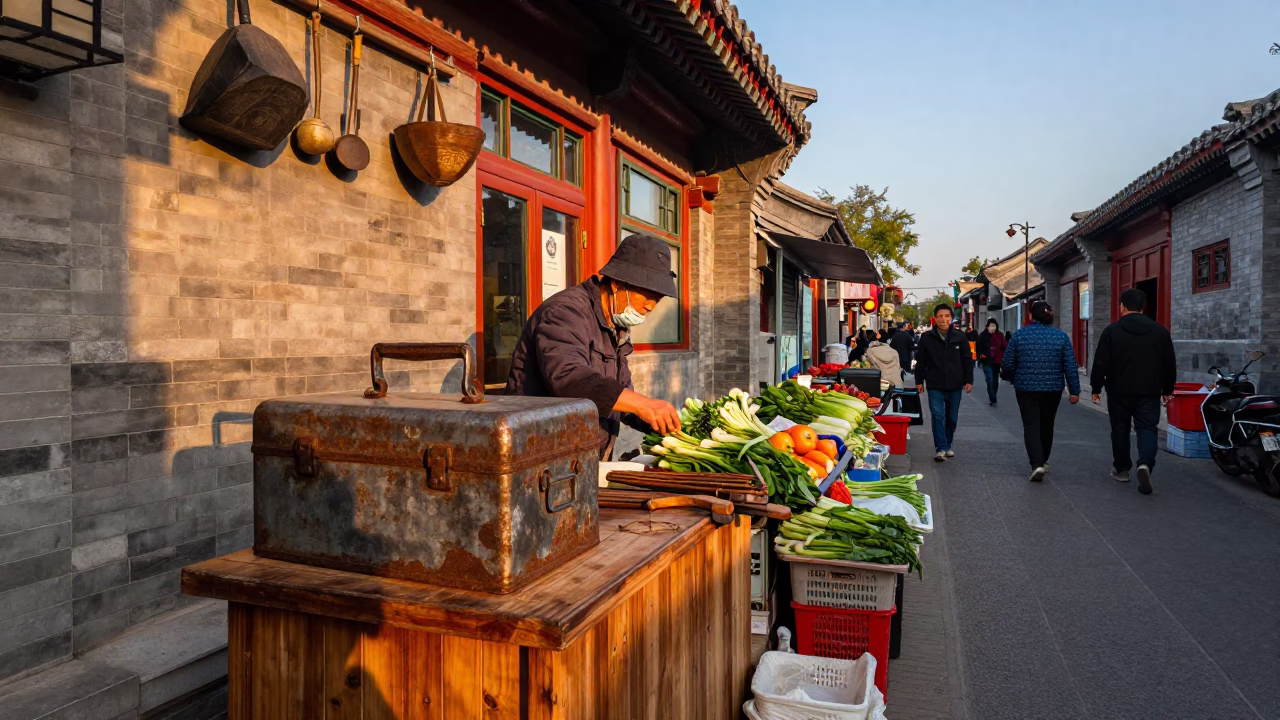 Busy Beijing Street Market Evening with Traditional Tools and Local Commerce in in Beijing, China