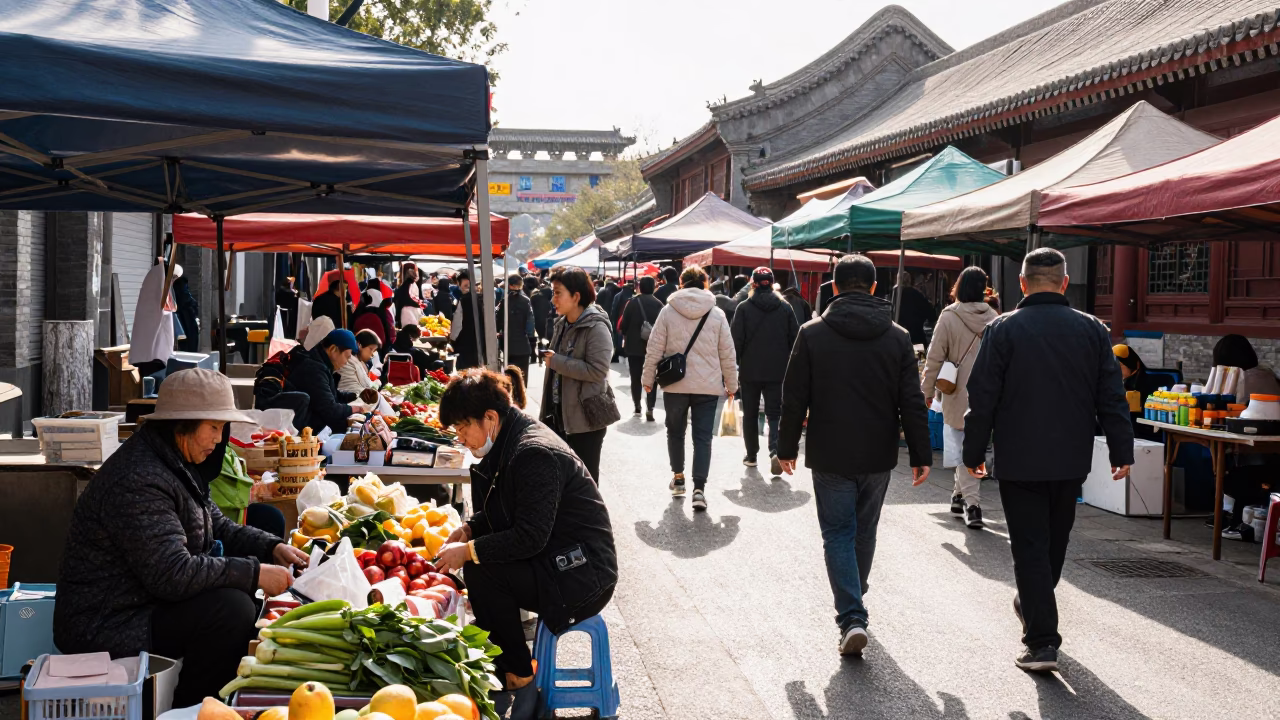 Busy Beijing Street Market in Bright Midmorning Light with Woven Mats and Local Commerce in in Beijing, China