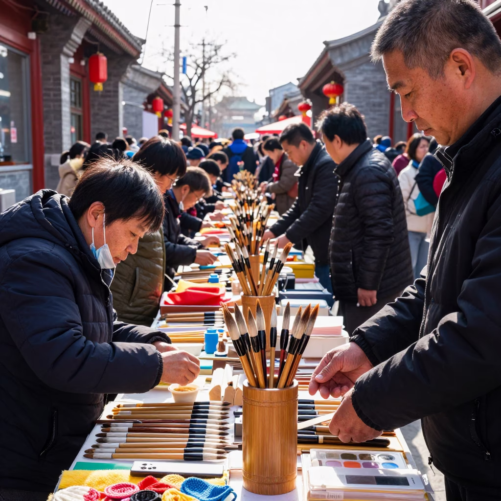Busy Beijing Street Market Morning with Traditional Calligraphy Brushes and Local Commerce in in Beijing, China