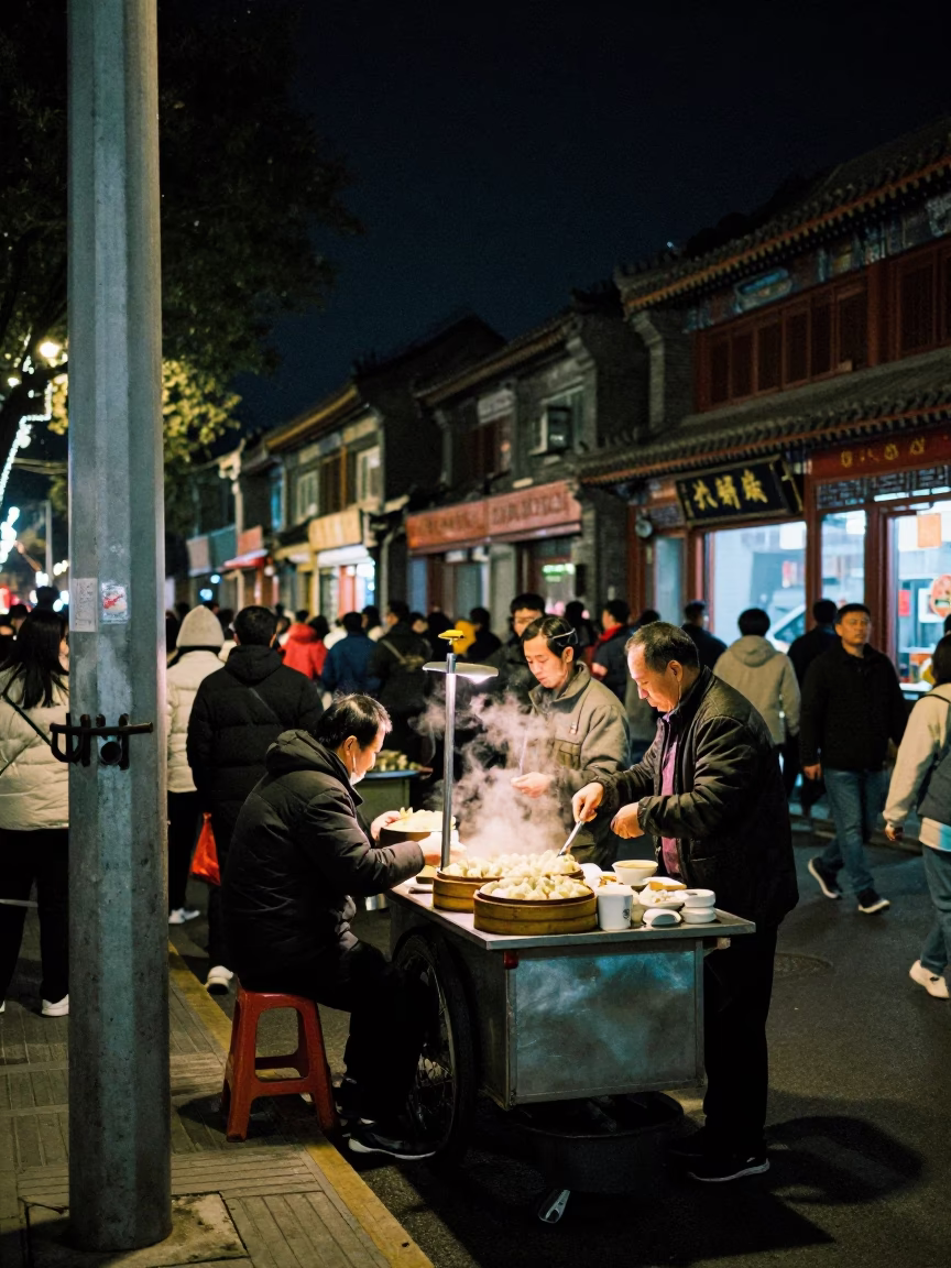 Busy Beijing Street Night Scene with Iron Deadbolt and Local Life in 1990s China in in Beijing, China