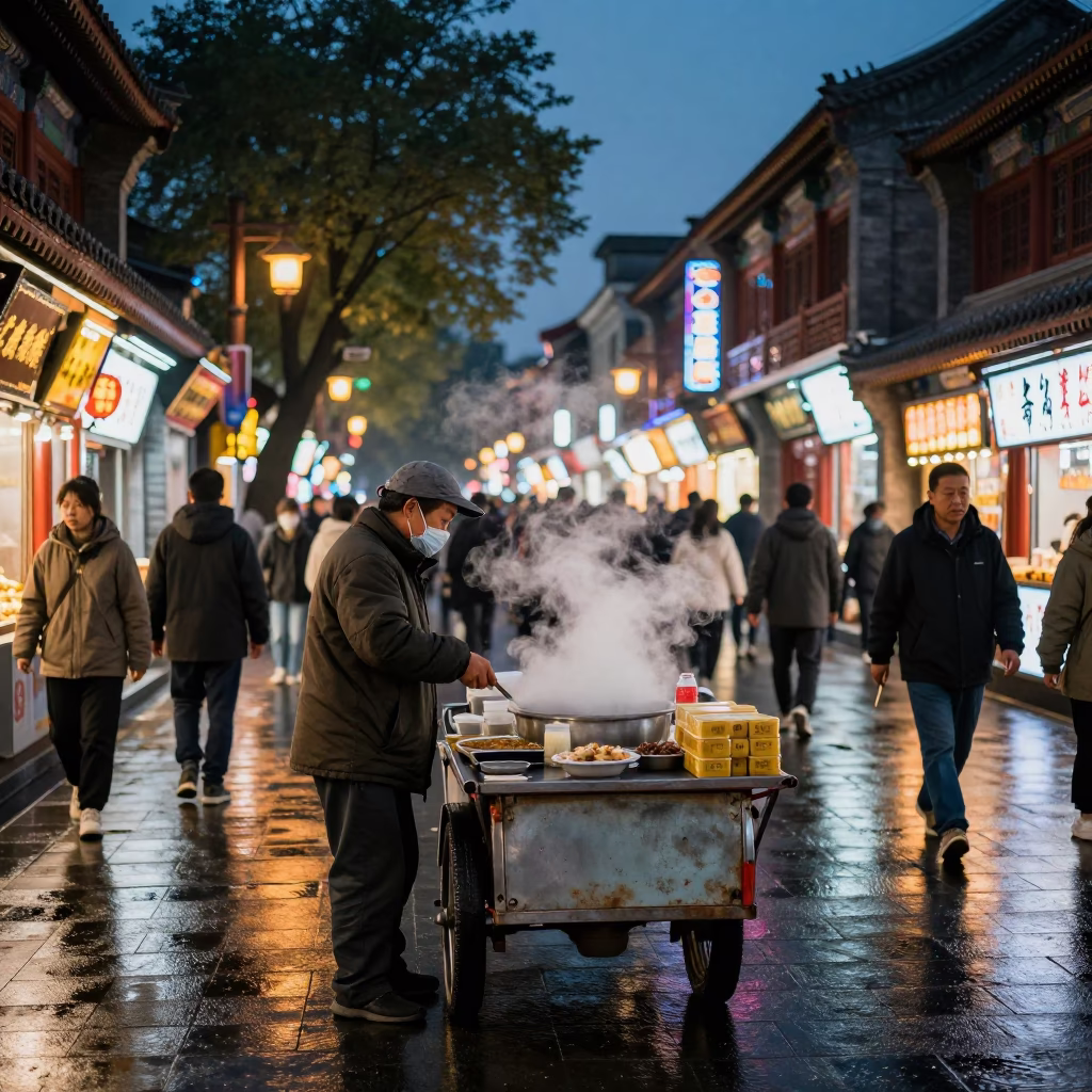 Busy Beijing Street Night Scene with Traditional Food and Modern City Lights in in Beijing, China