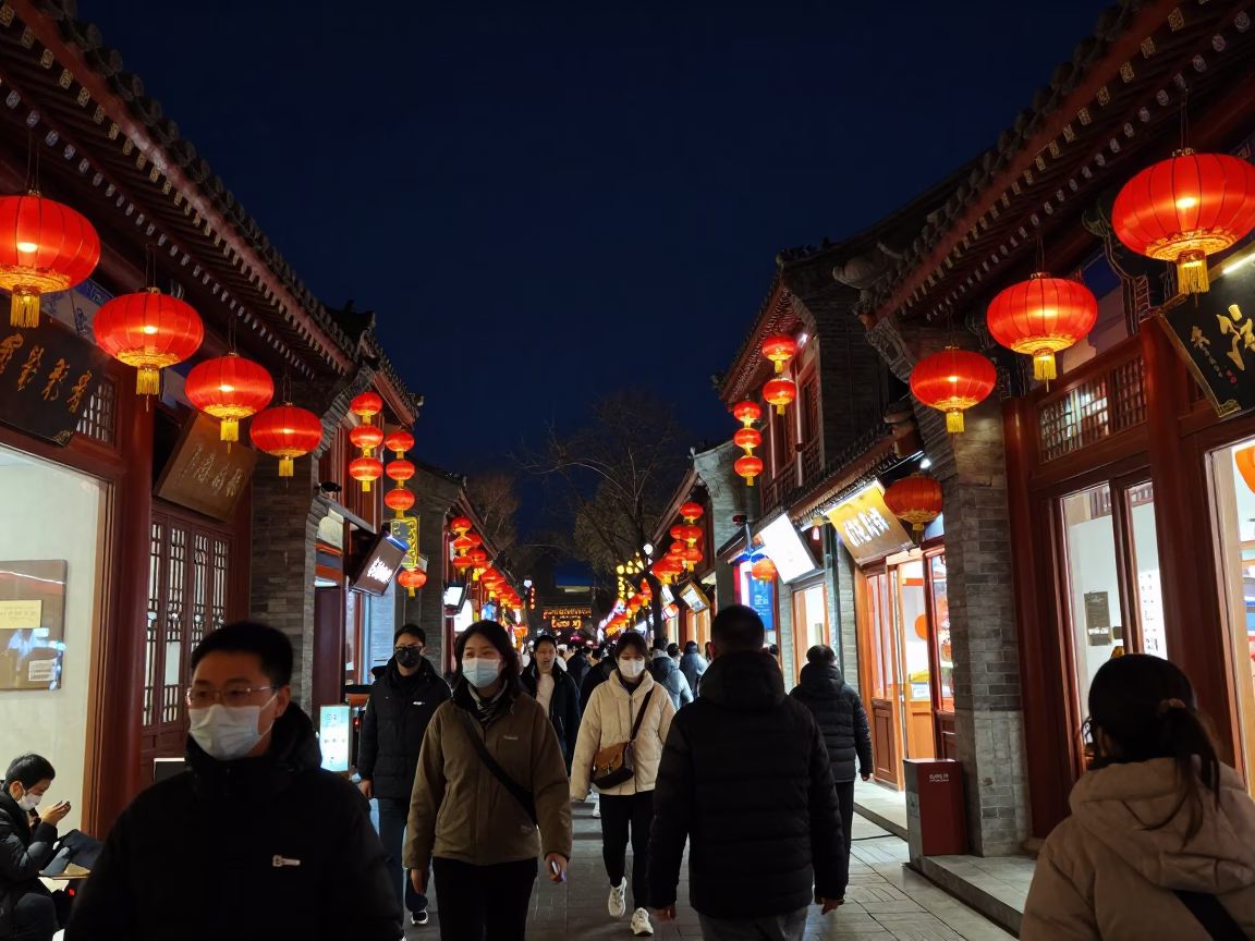 Busy Beijing Street Night Scene with Traditional Lanterns and Vintage 1980s Architecture in in Beijing, China