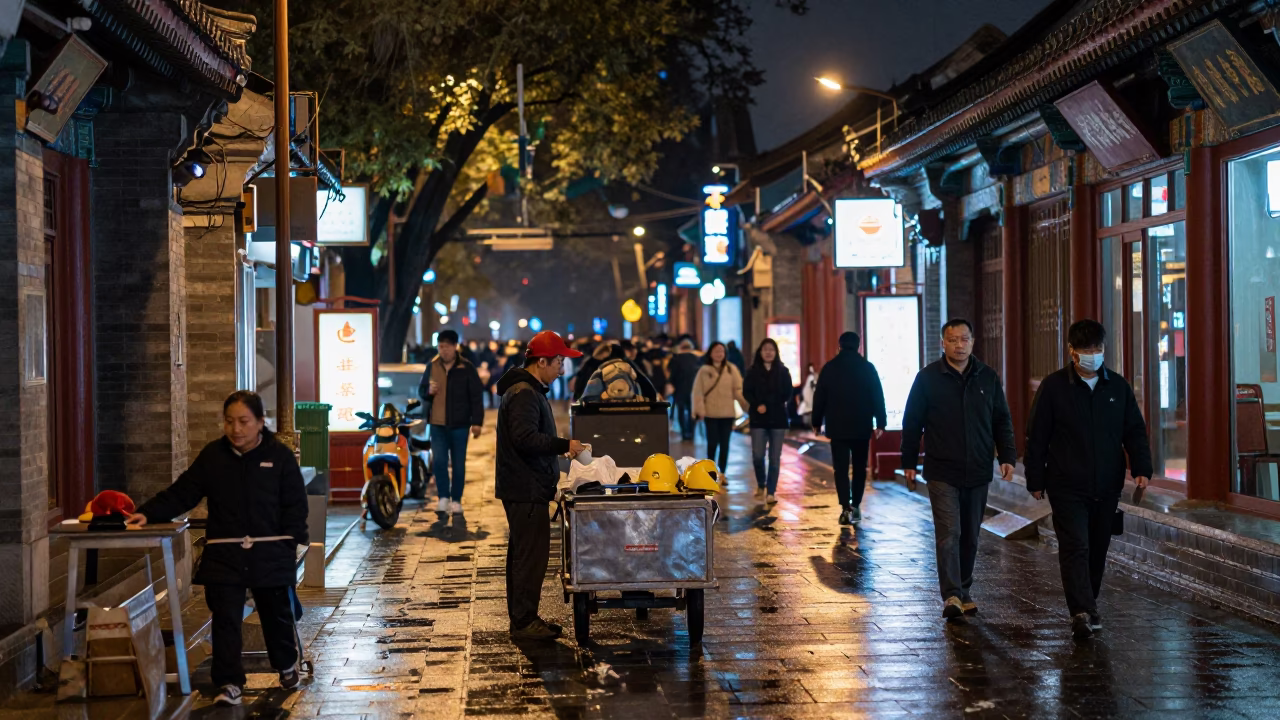 Busy Beijing Street Night Scene with Wet Pavement and Urban Activity in in Beijing, China