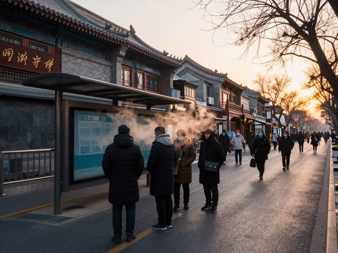 Busy Beijing Street Scene at Dawn with Traditional Architecture and Morning Commuters in in Beijing, China