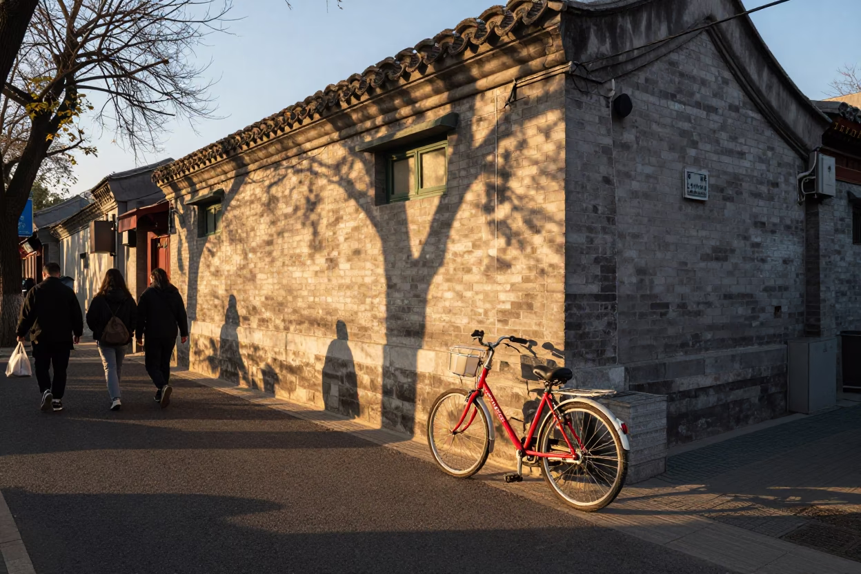 Busy Beijing Street Scene at Golden Hour with Bicycle and Concrete Architecture in in Beijing, China
