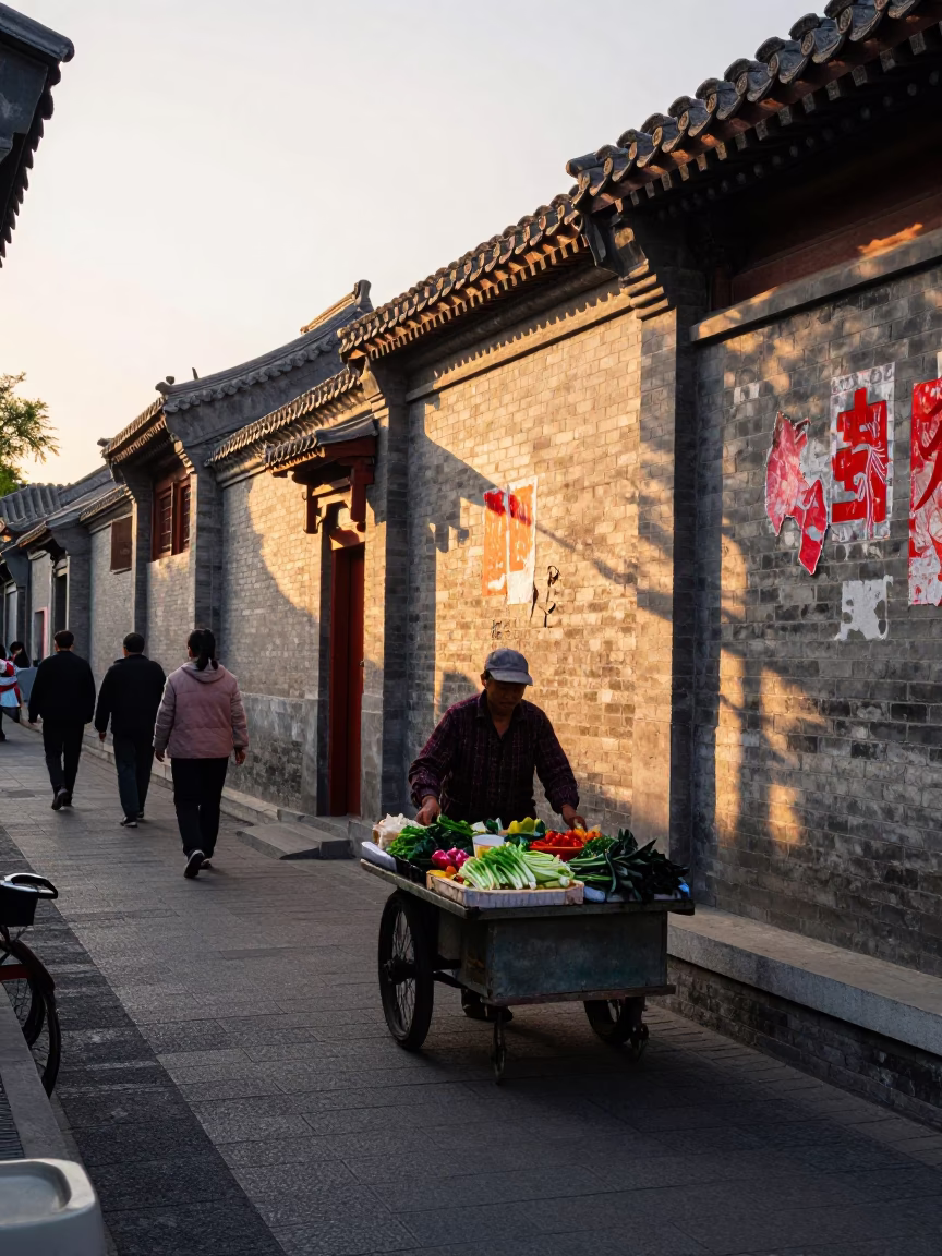 Busy Beijing Street Scene at Golden Hour with Traditional Architecture and Local Life in in Beijing, China