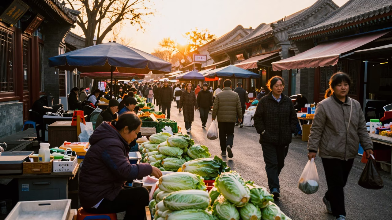 Busy Beijing Street Scene at Golden Hour with Traditional Market Activity in in Beijing, China