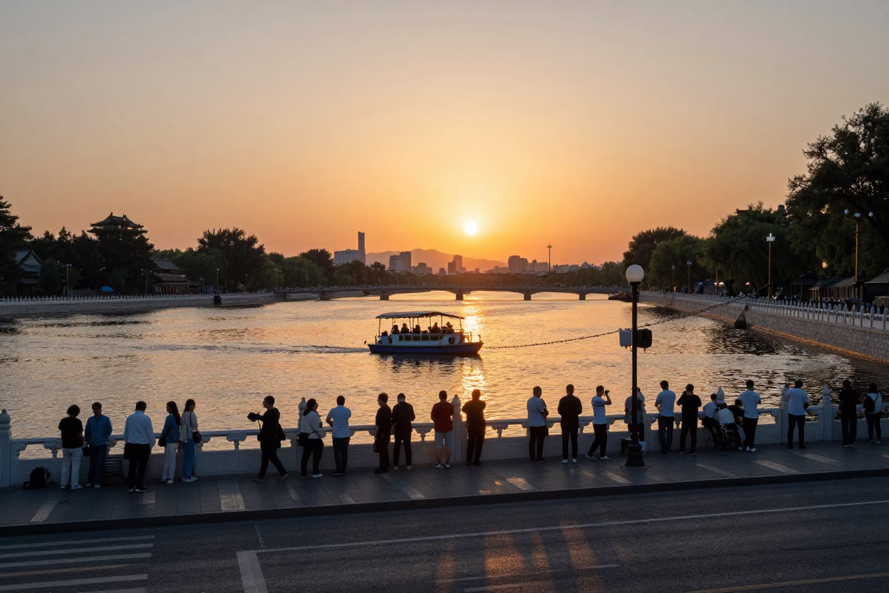 Busy Beijing Street Scene at Sunset with Chain Ferry and Local Life in in Beijing, China