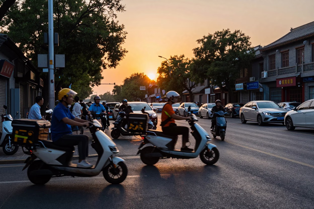 Busy Beijing street scene at sunset with delivery scooter and urban architecture in in Beijing, China