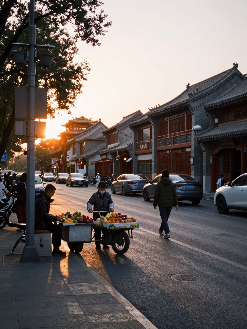Busy Beijing Street Scene at Sunset with Traditional Architecture and Local Life in in Beijing, China