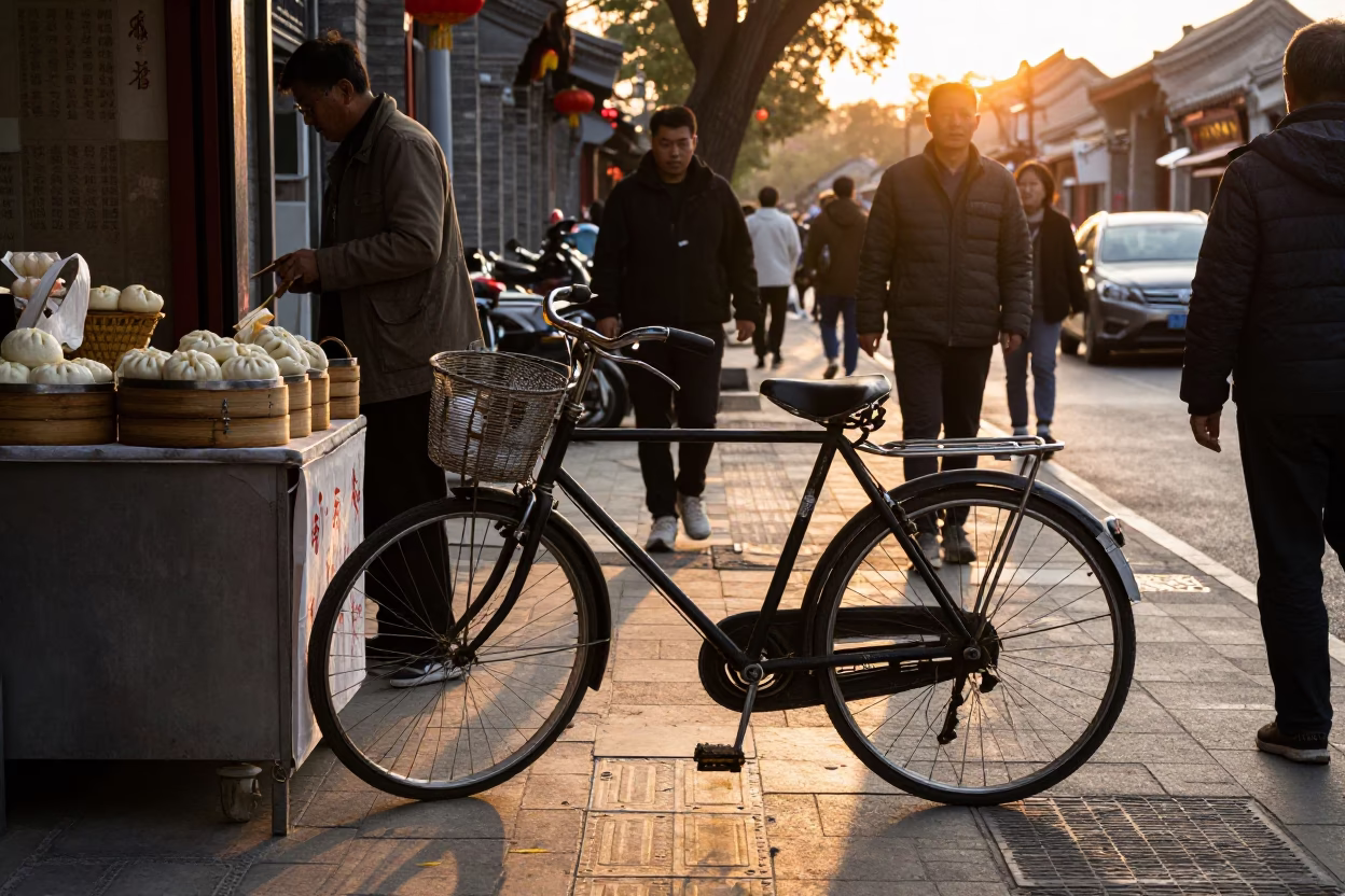 Busy Beijing Street Scene at Sunset with Vintage Bicycle and Traditional Bakery Shop in in Beijing, China