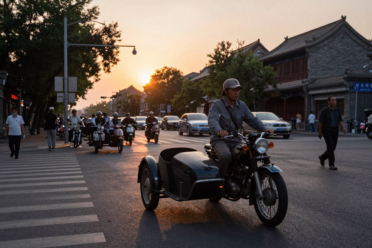Busy Beijing street scene at sunset with vintage motorcycle sidecar and local vendors in in Beijing, China
