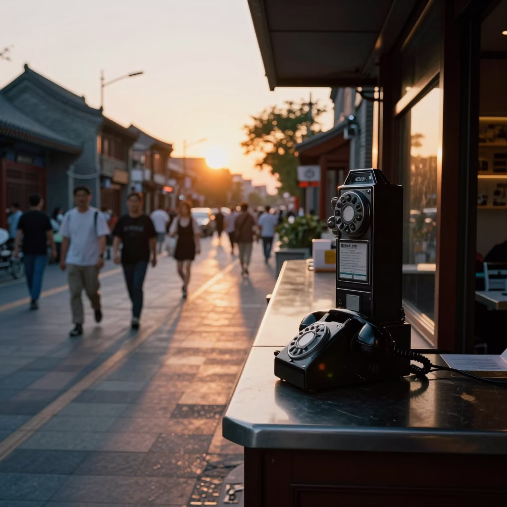 Busy Beijing Street Scene at Sunset with Vintage Telephone and Toolbox in in Beijing, China