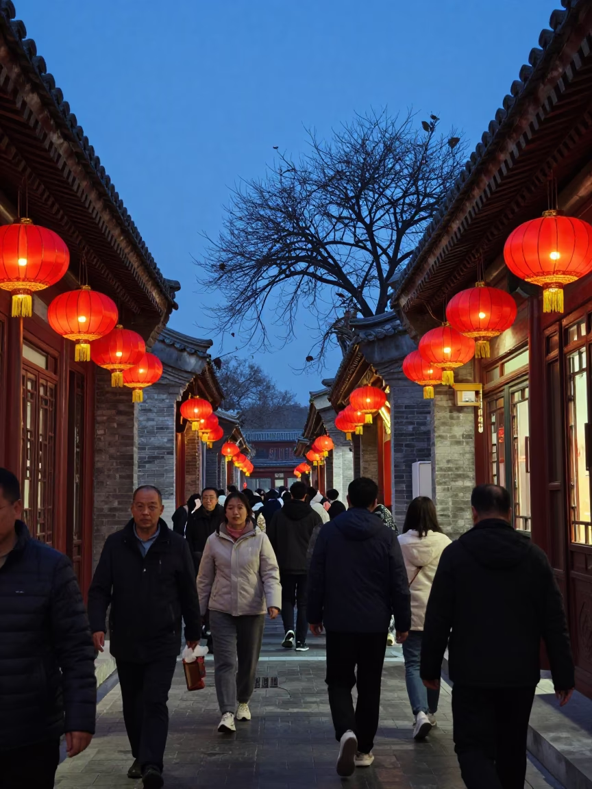 Busy Beijing Street Scene at Twilight with Traditional Architecture and Local Life in in Beijing, China