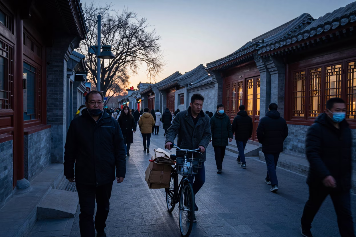 Busy Beijing Street Scene Before Sunrise with Traditional Architecture and Local Commuters in in Beijing, China