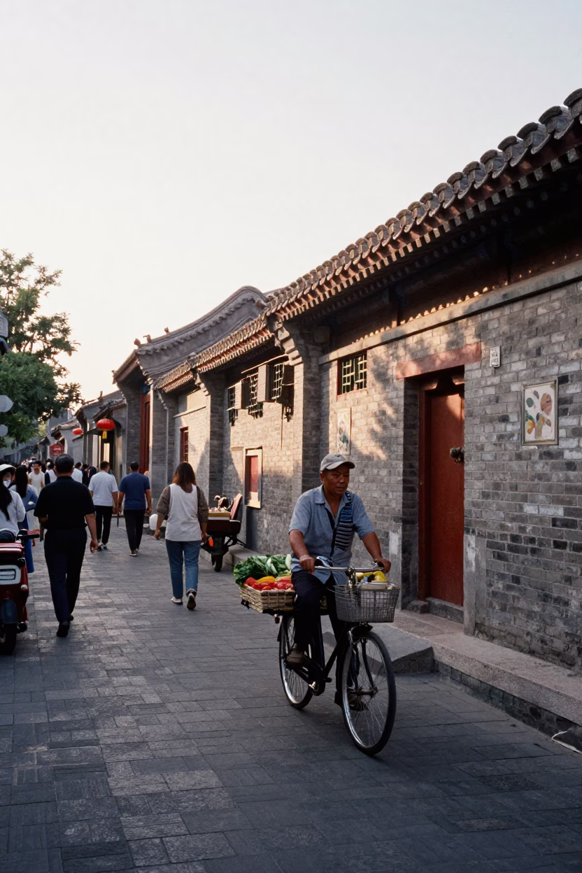 Busy Beijing Street Scene Early Afternoon with Traditional Courtyard Architecture and Local Daily Life in in Beijing, China