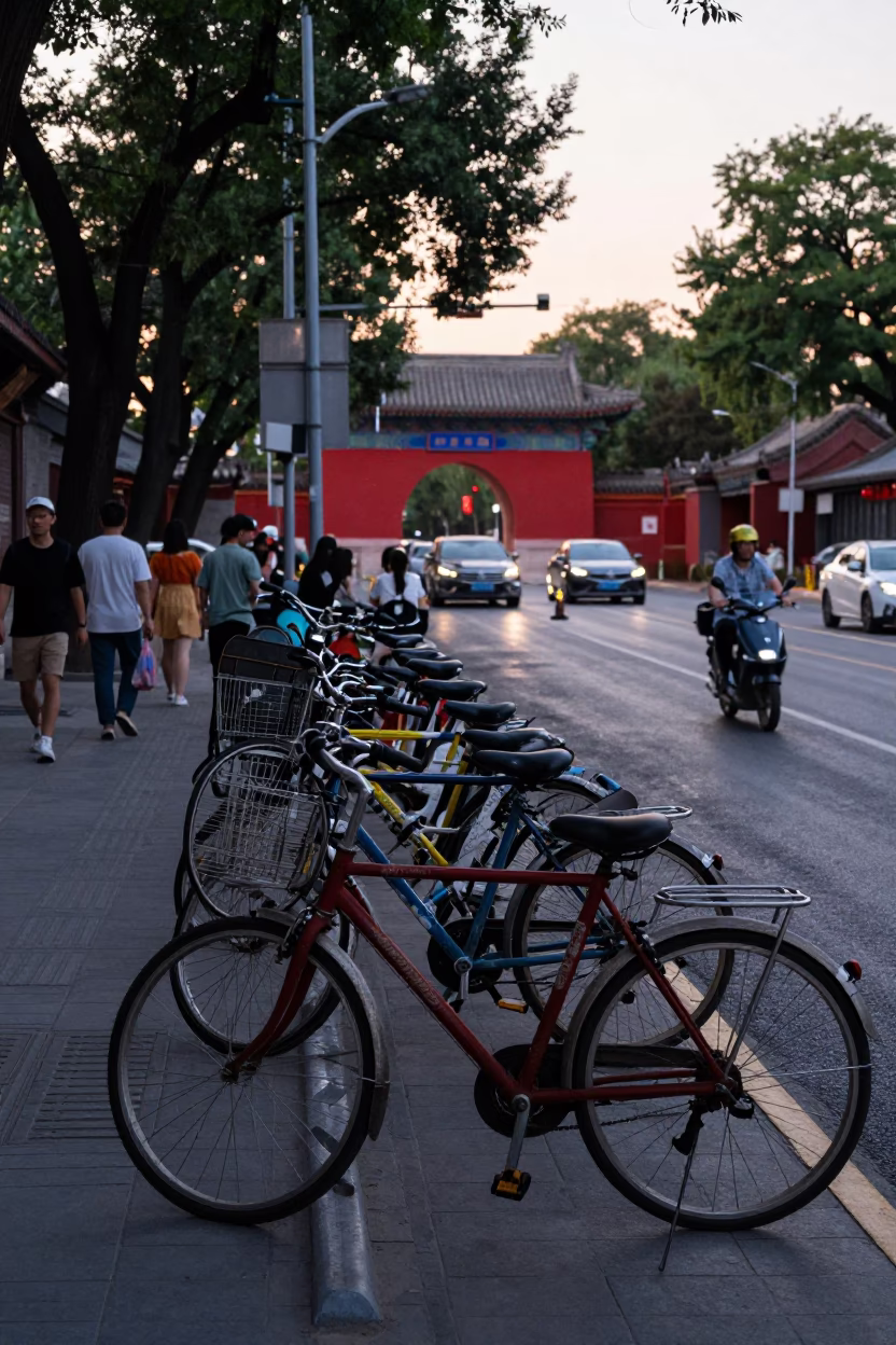 Busy Beijing Street Scene Early Evening 1980s with Red Brick Building and Bicycle Rack in in Beijing, China