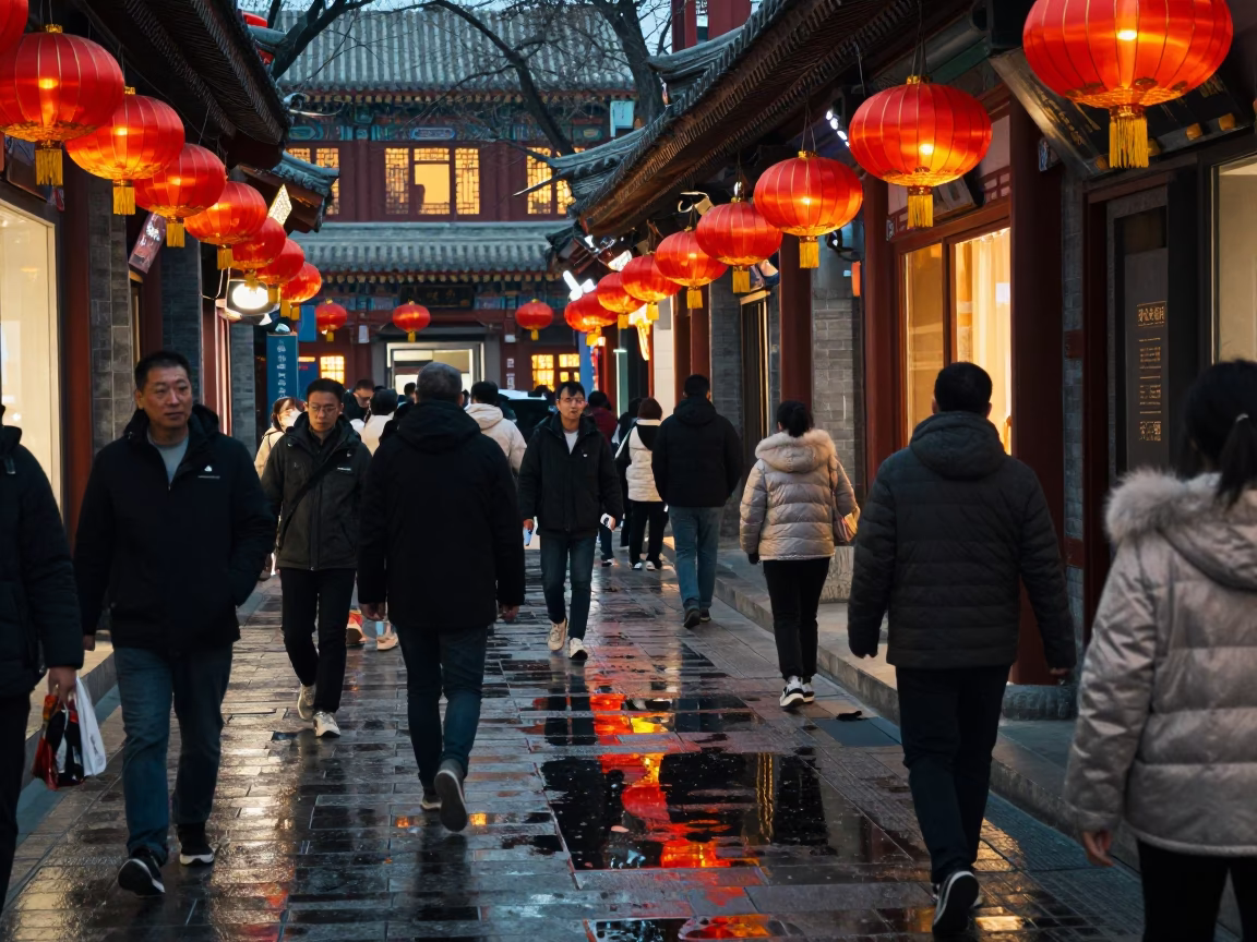 Busy Beijing Street Scene Early Evening with Paper Lanterns and Hotel Reflections in in Beijing, China