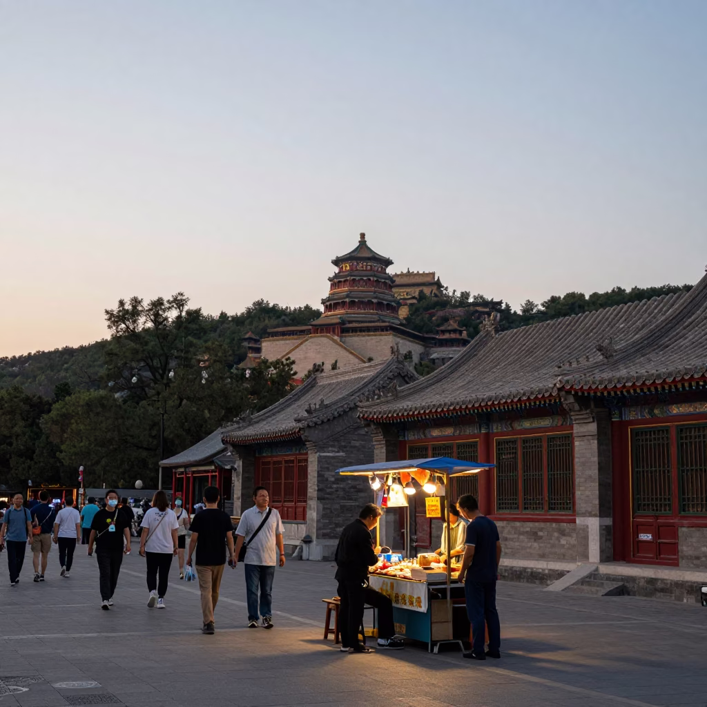 Busy Beijing Street Scene Early Evening with Stone Observatory Hilltop and Canal Barge Cargo in in Beijing, China