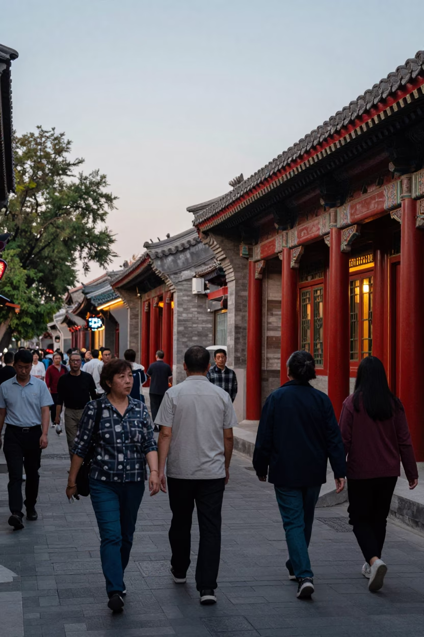 Busy Beijing Street Scene Early Evening with Traditional Architecture and Local Life in in Beijing, China