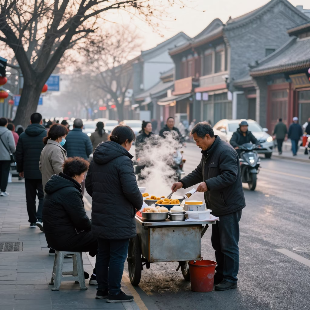 Busy Beijing Street Scene Early Morning with Local Vendor and Bicycle Traffic in in Beijing, China