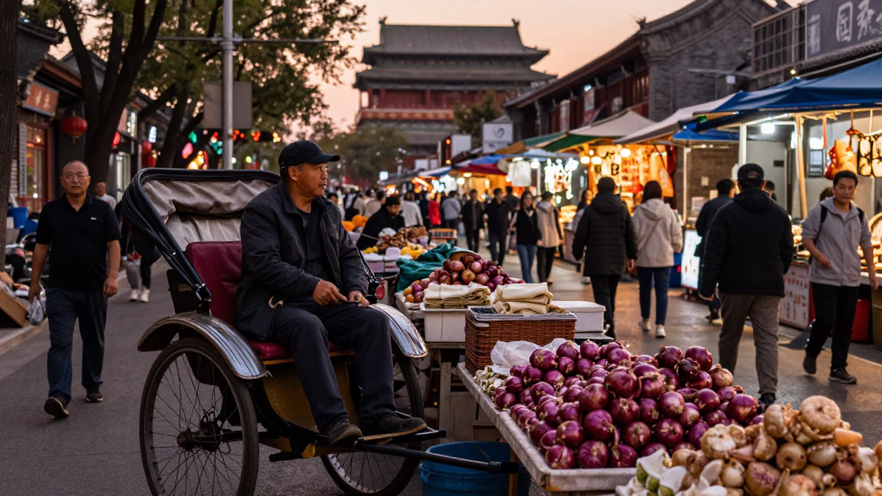 Busy Beijing Street Scene in Copper Dusk Light with Rickshaw and Market Goods in in Beijing, China