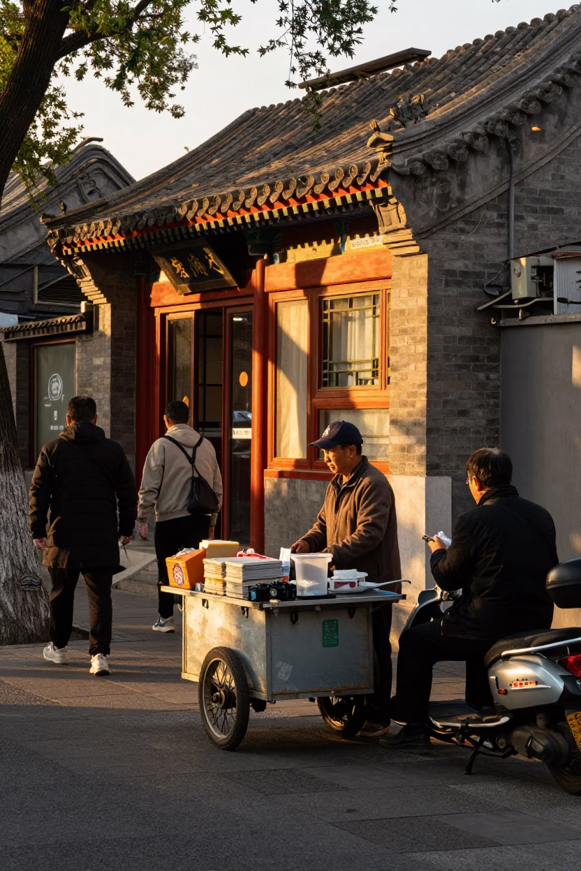 Busy Beijing Street Scene in Honeyed Evening Light with Enamel Bowls and Local Life in in Beijing, China