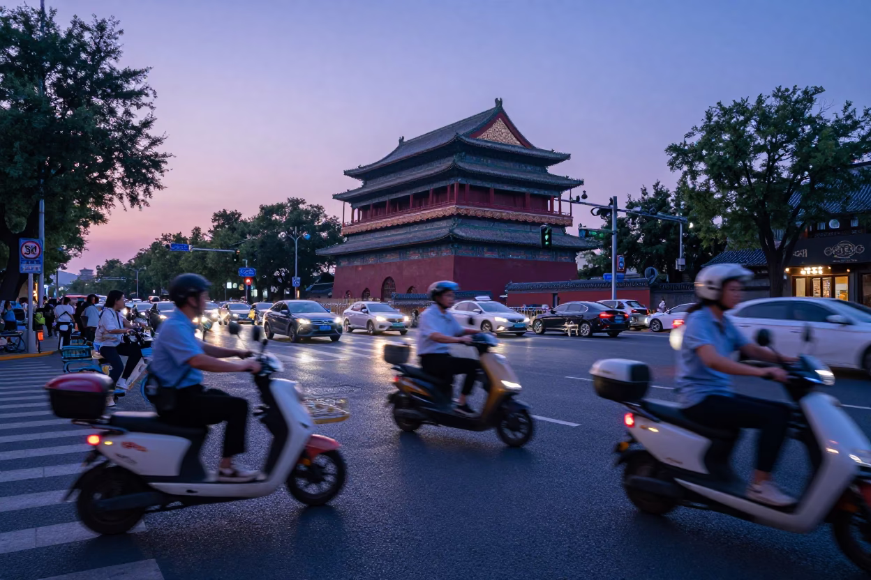 Busy Beijing Street Scene in Indigo Twilight with Scooters and Traditional Architecture in in Beijing, China