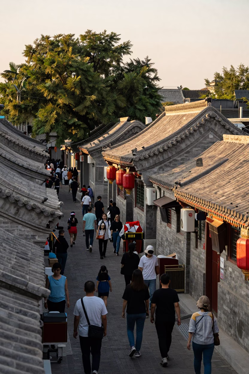 Busy Beijing Street Scene Late Afternoon 1970s with Traditional Hutong Architecture and Local Life in in Beijing, China