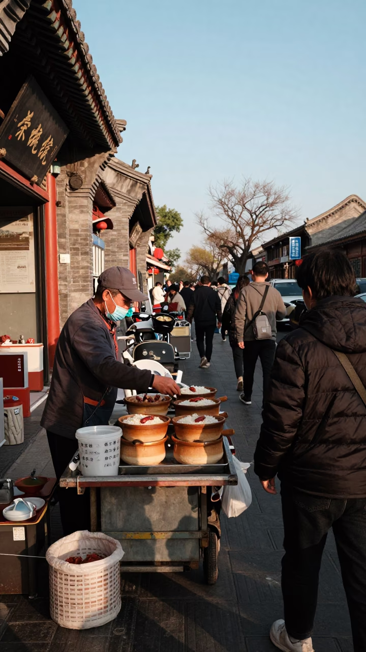 Busy Beijing Street Scene Late Afternoon Light with Cluttered Vendor Stall and Pedestrians in in Beijing, China