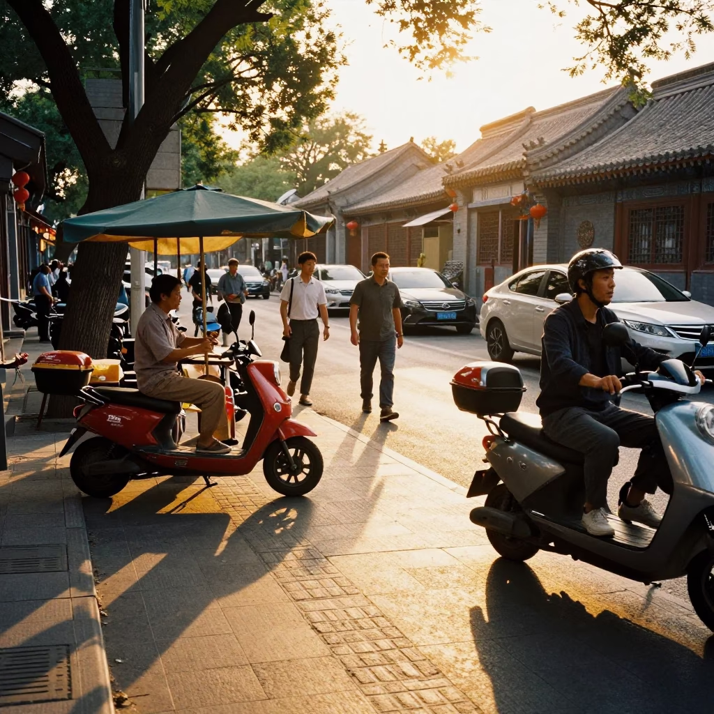 Busy Beijing Street Scene Late Afternoon with Scooter and Local Life in in Beijing, China
