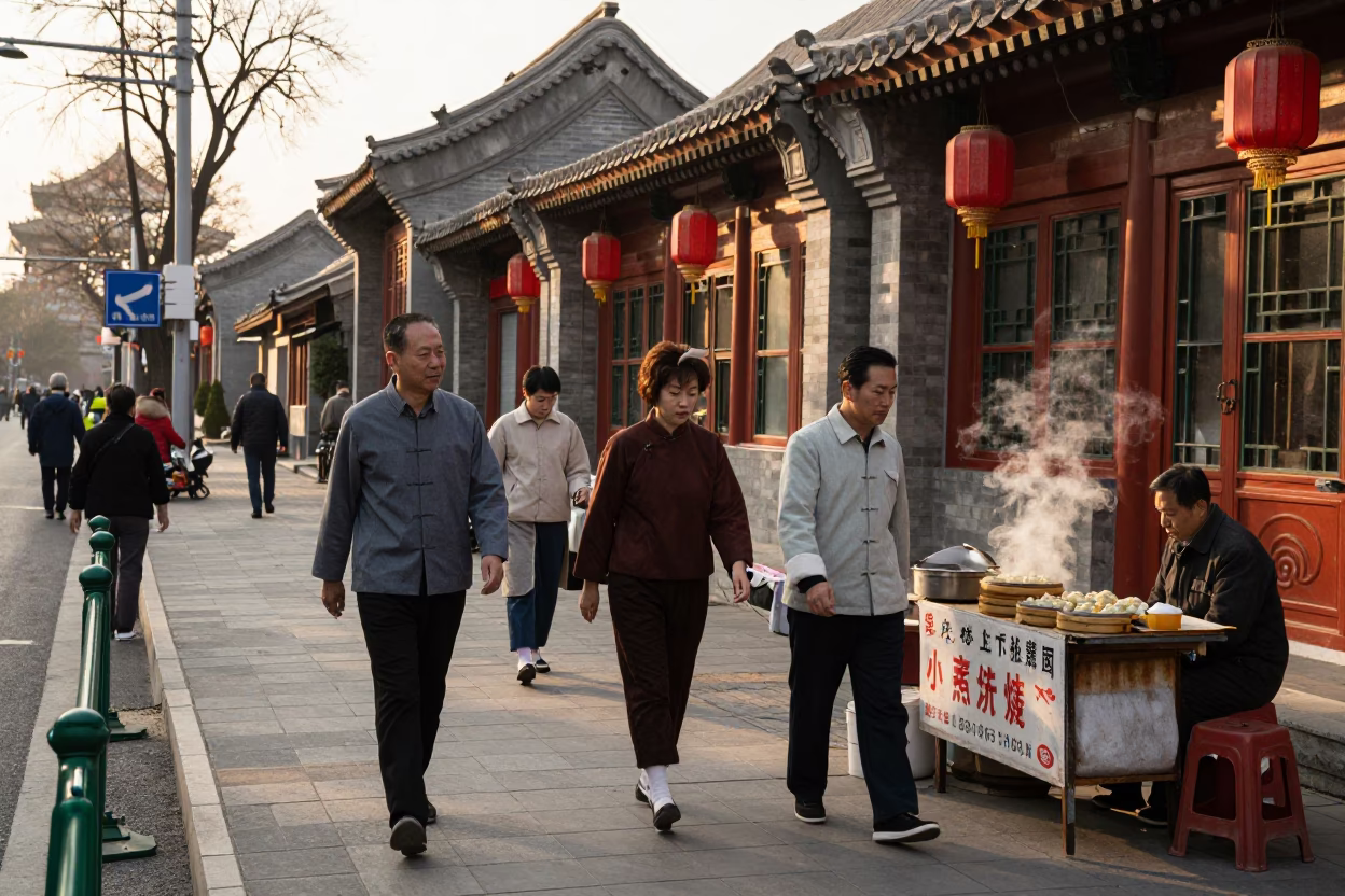 Busy Beijing Street Scene Late Afternoon with Traditional Architecture and Daily Life in in Beijing, China
