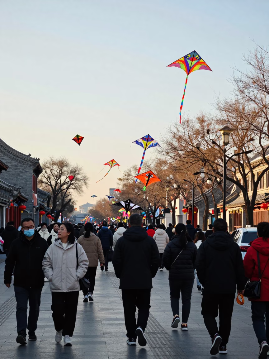 Busy Beijing Street Scene Late Morning with Kite Festival and Urban Life in in Beijing, China