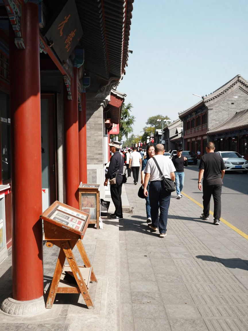 Busy Beijing Street Scene Under Flat Noon Glare with Traditional Architecture and Local Commerce in in Beijing, China