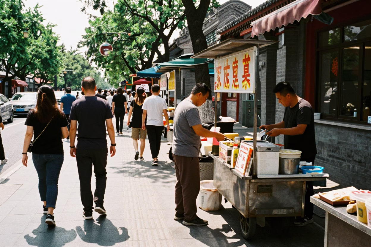 Busy Beijing Street Scene Under Noon Sun with Vendor Selling Grilled Kebab in in Beijing, China