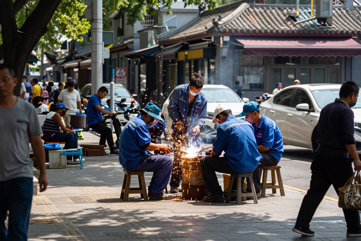 Busy Beijing Street Scene Under Noon Sun With Workers And Traditional Architecture in in Beijing, China