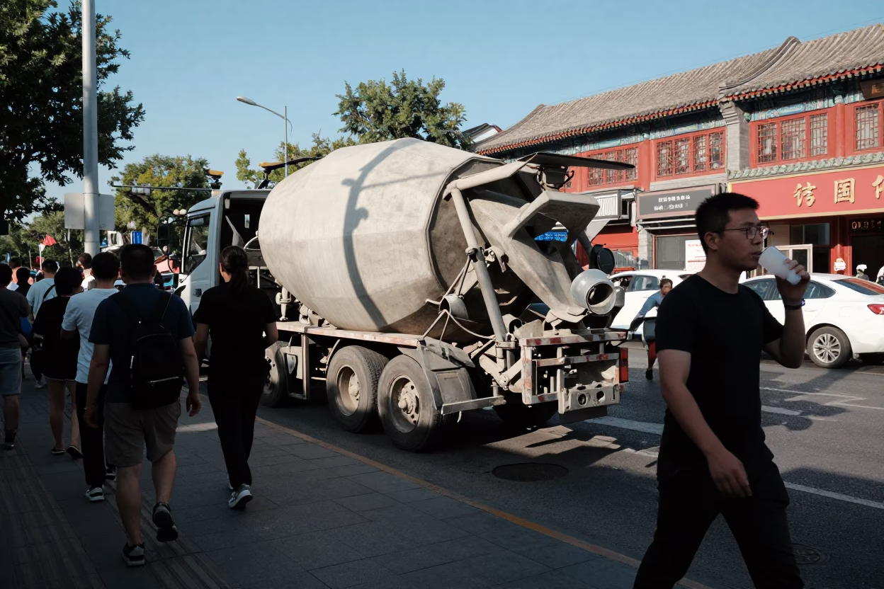 Busy Beijing Street Scene with Cement Mixer and Drinking Vessel in Late Afternoon Light in in Beijing, China