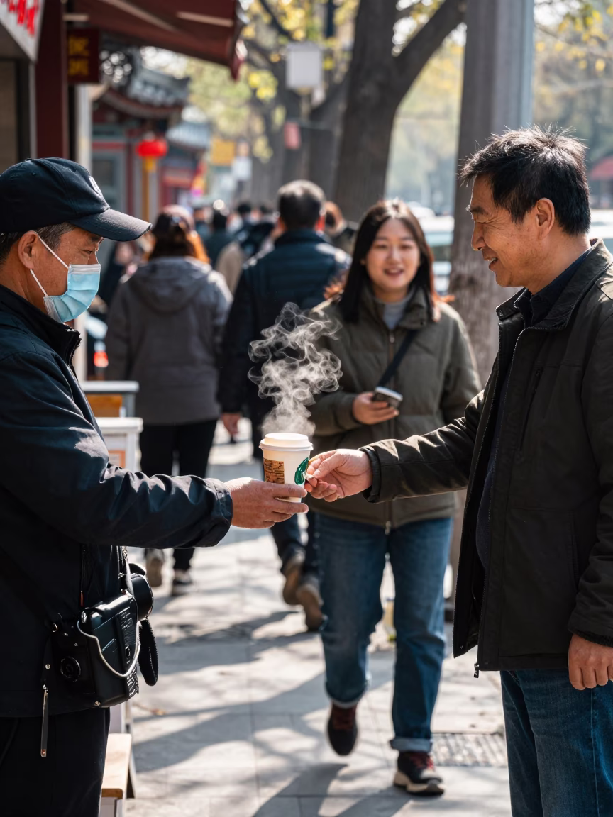 Busy Beijing Street Scene with Coffee Mugs and Urban Life at Midday in in Beijing, China