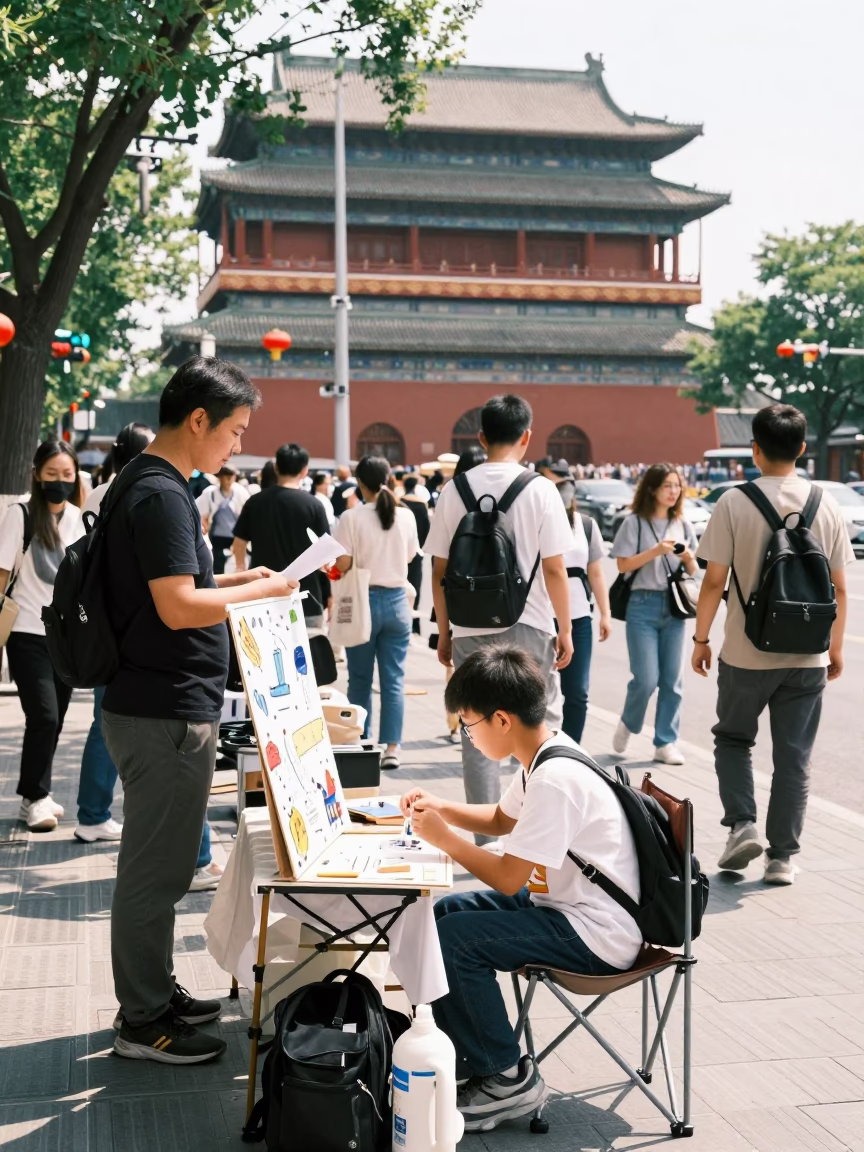 Busy Beijing Street Scene with Science Fair Project and Local Market Activity in in Beijing, China
