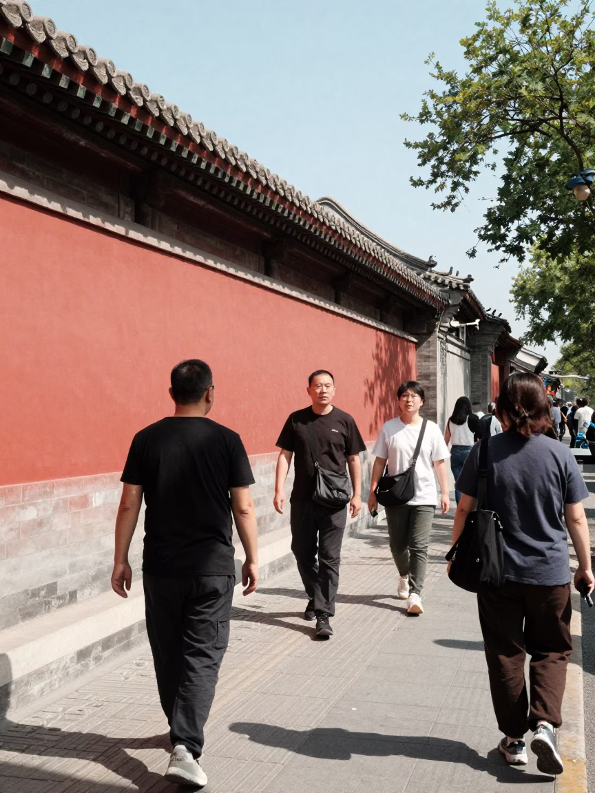 Busy Beijing Street Scene with Traditional Architecture and Daily Life Activities in in Beijing, China