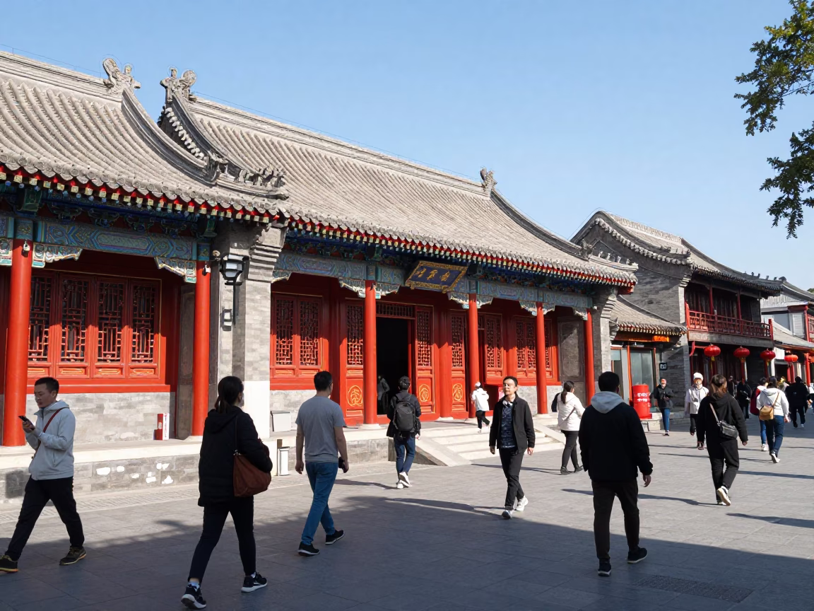 Busy Beijing Street Scene with Traditional Architecture and Modern Life in Midmorning Light in in Beijing, China