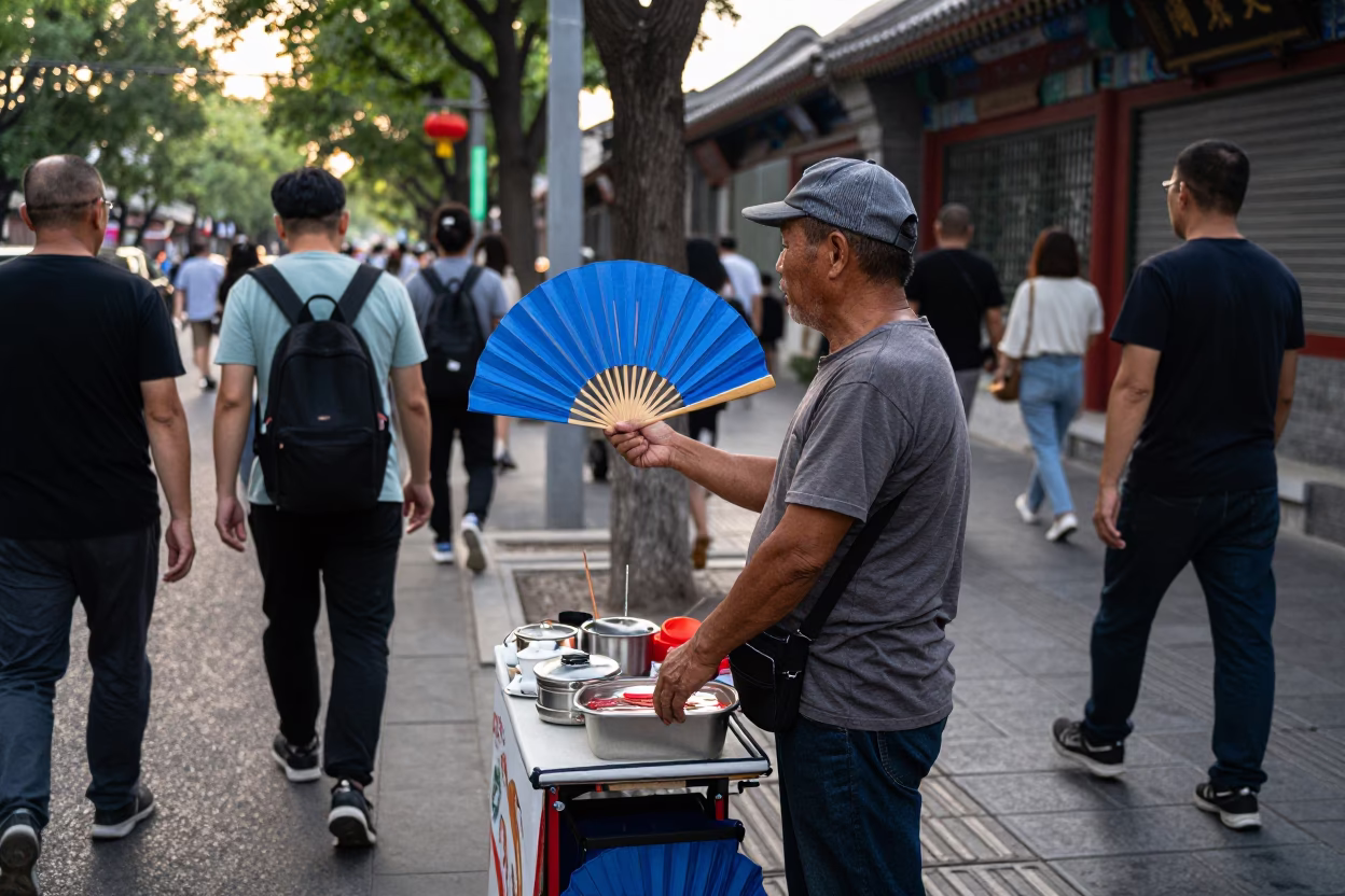 Busy Beijing Street Scene with Traditional Paper Fan Vendor and Pedestrians in Early Afternoon in in Beijing, China