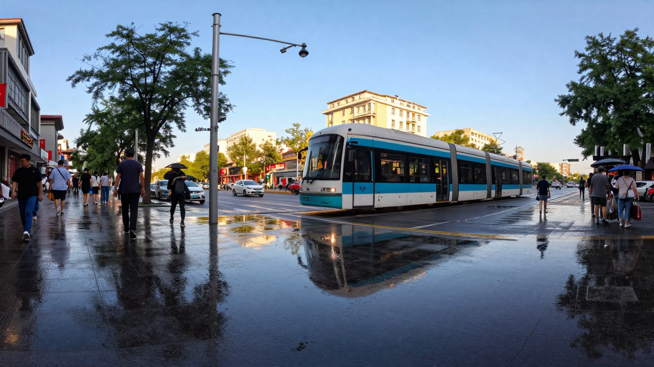 Busy Beijing Street Scene with Tram Reflection and Rain Boots in Late Afternoon Light in in Beijing, China