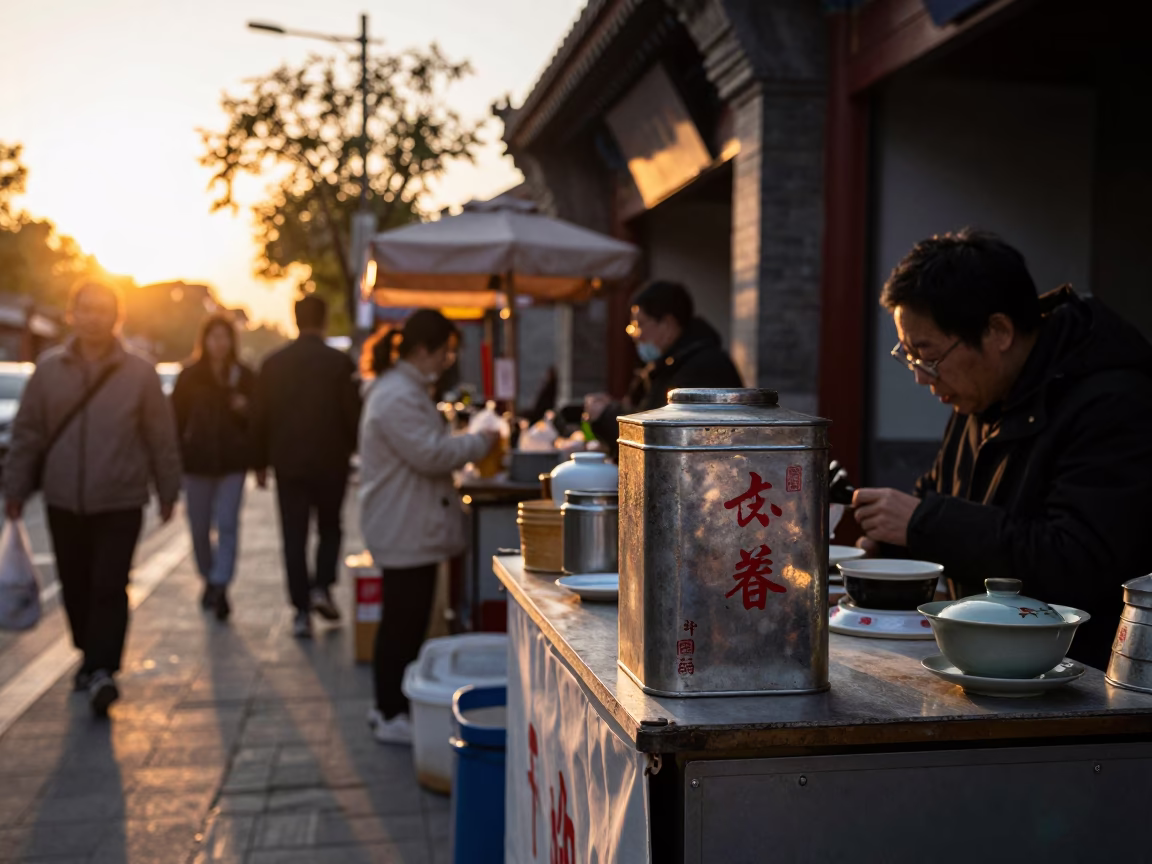 Busy Beijing Street Stall at Sunset with Tea Tin and Churrasco Plate in in Beijing, China