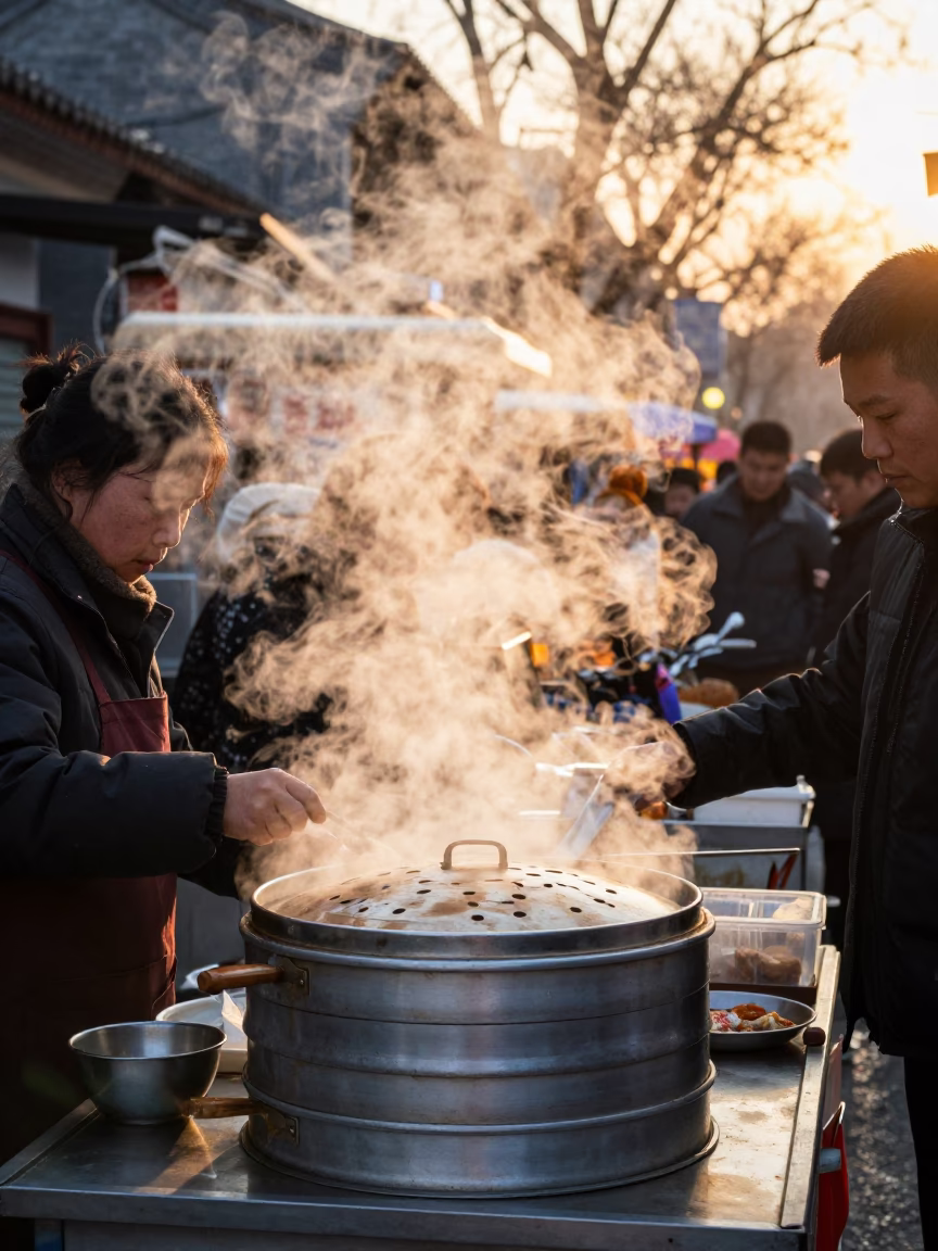 Busy Beijing Street Stall Golden Hour Steam Haze and Daily Life Scene in in Beijing, China